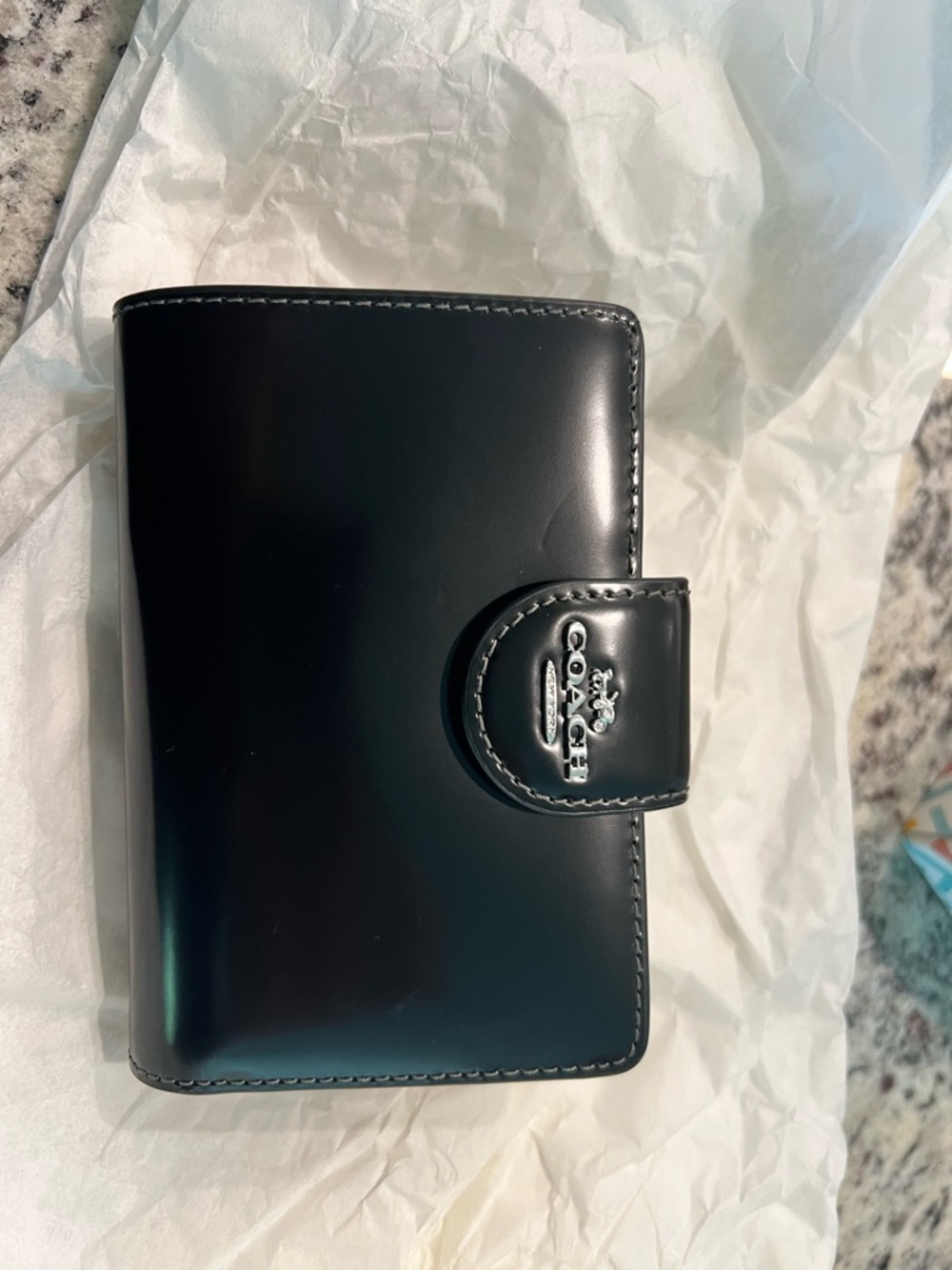 Coach Black Patent Leather Snap Wallet with Silver Logo
